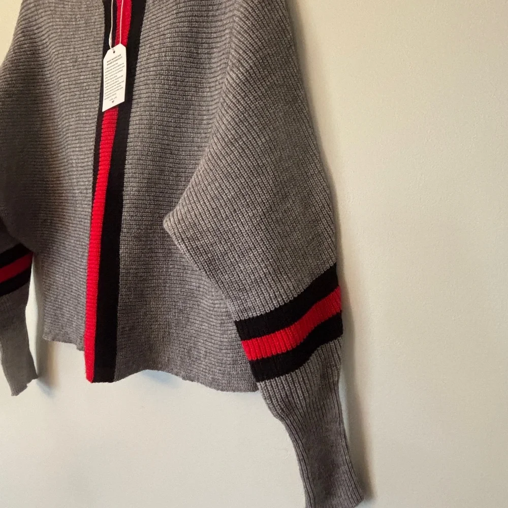 Gray Crewneck Sweater with Red & Black Stripe Detail - Picture 2 of 10
